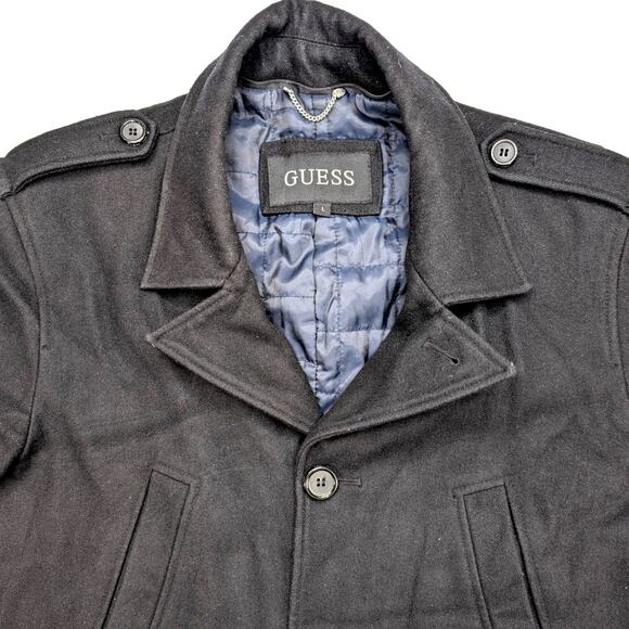 GUESS Wool Mens Peacoat Large Black Business Winter Coat - Picture 2 of 6